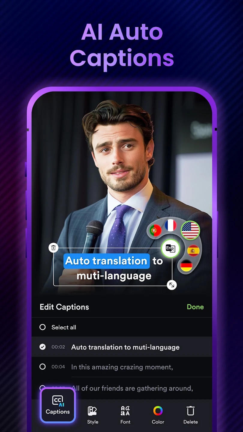 AI auto captions in the Shotcut APK translating subtitles into several languages