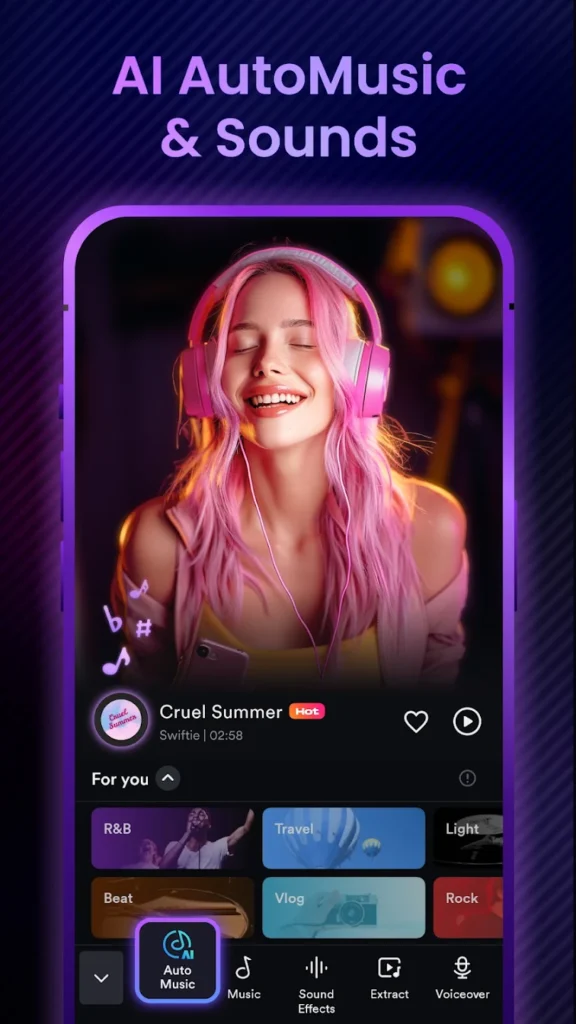 AI AutoMusic in the Shotcut video editor suggesting music by genre with sound effects and voiceover