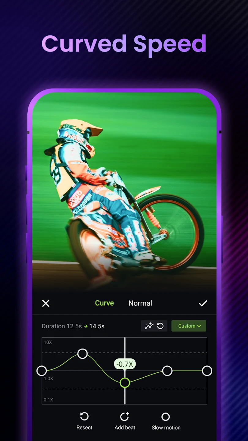 Curved speed editor in the Shotcut APK with a custom speed graph from 0.1x to 10x