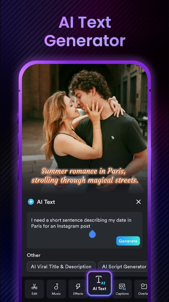AI text generator in the Shotcut APK writing a video caption from a short prompt