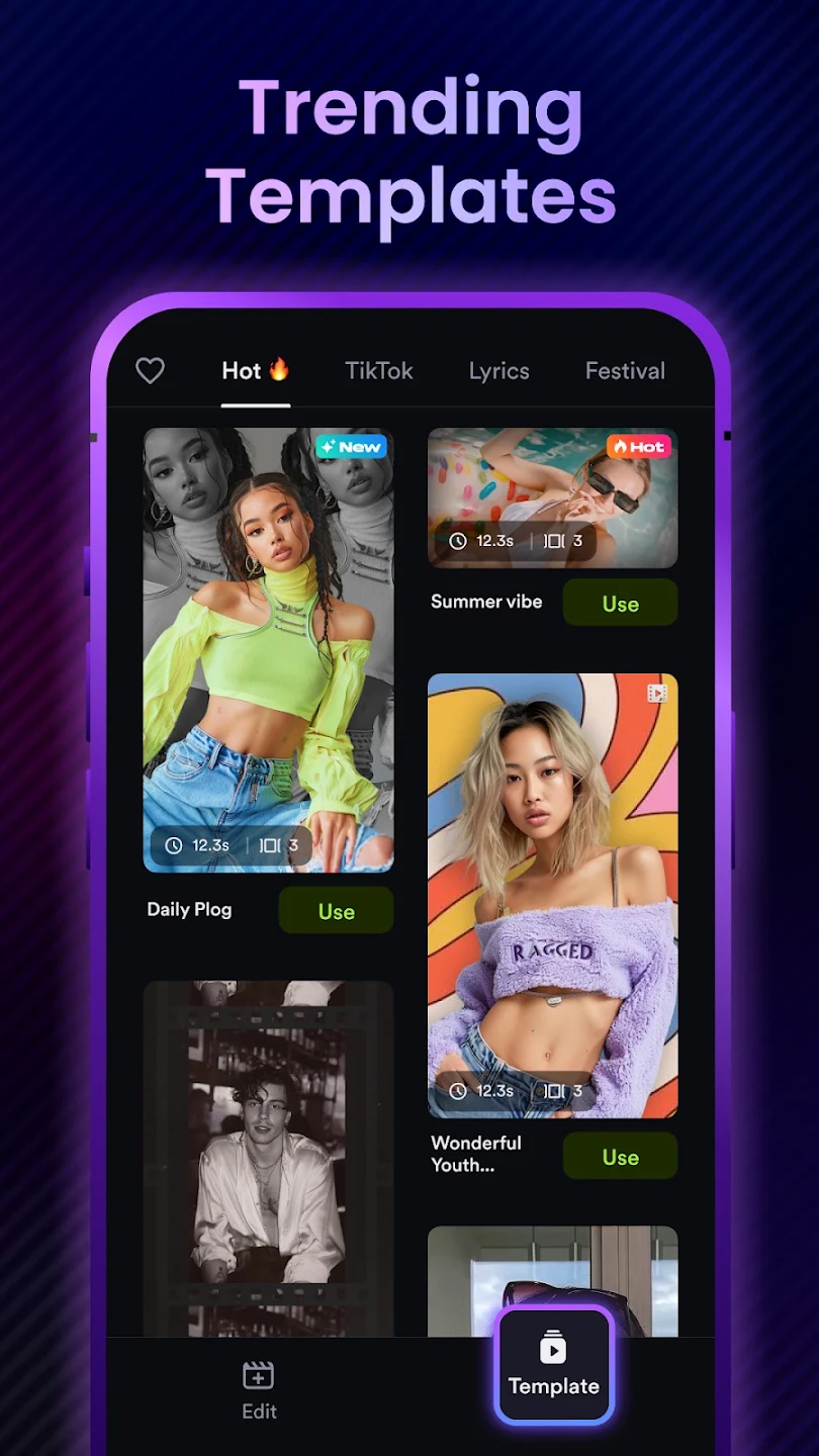 Trending video templates in the Shotcut APK sorted by Hot, TikTok, Lyrics and Festival
