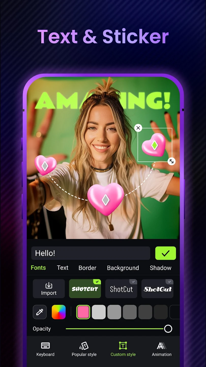 Text and sticker editor in the Shotcut APK with custom fonts, borders, shadows and animation